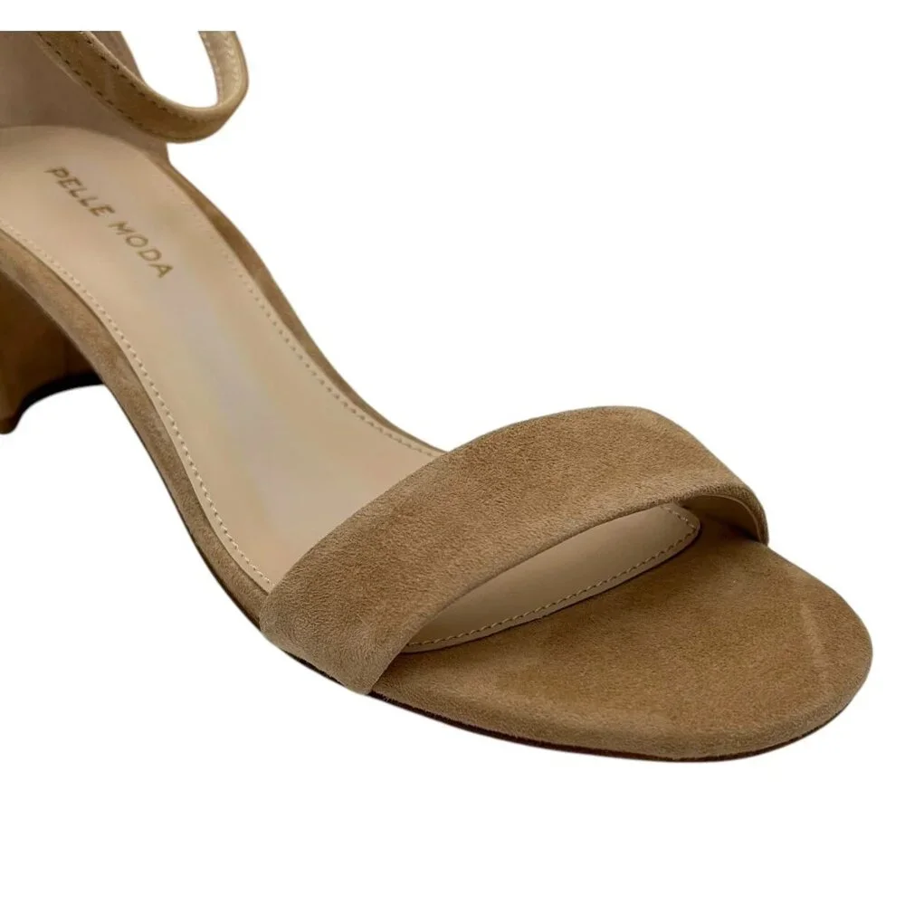Pelle Moda Women’s Monroe Sandal 7.5 Latte-Tan Suede‎ Block Heel Ankle Strap